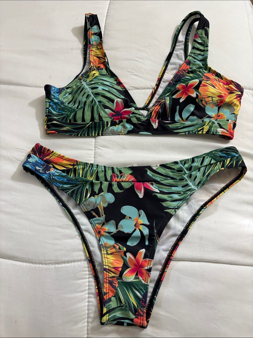 Tropical Floral Two-Piece Bikini - Black Base with Multicolor Flowers